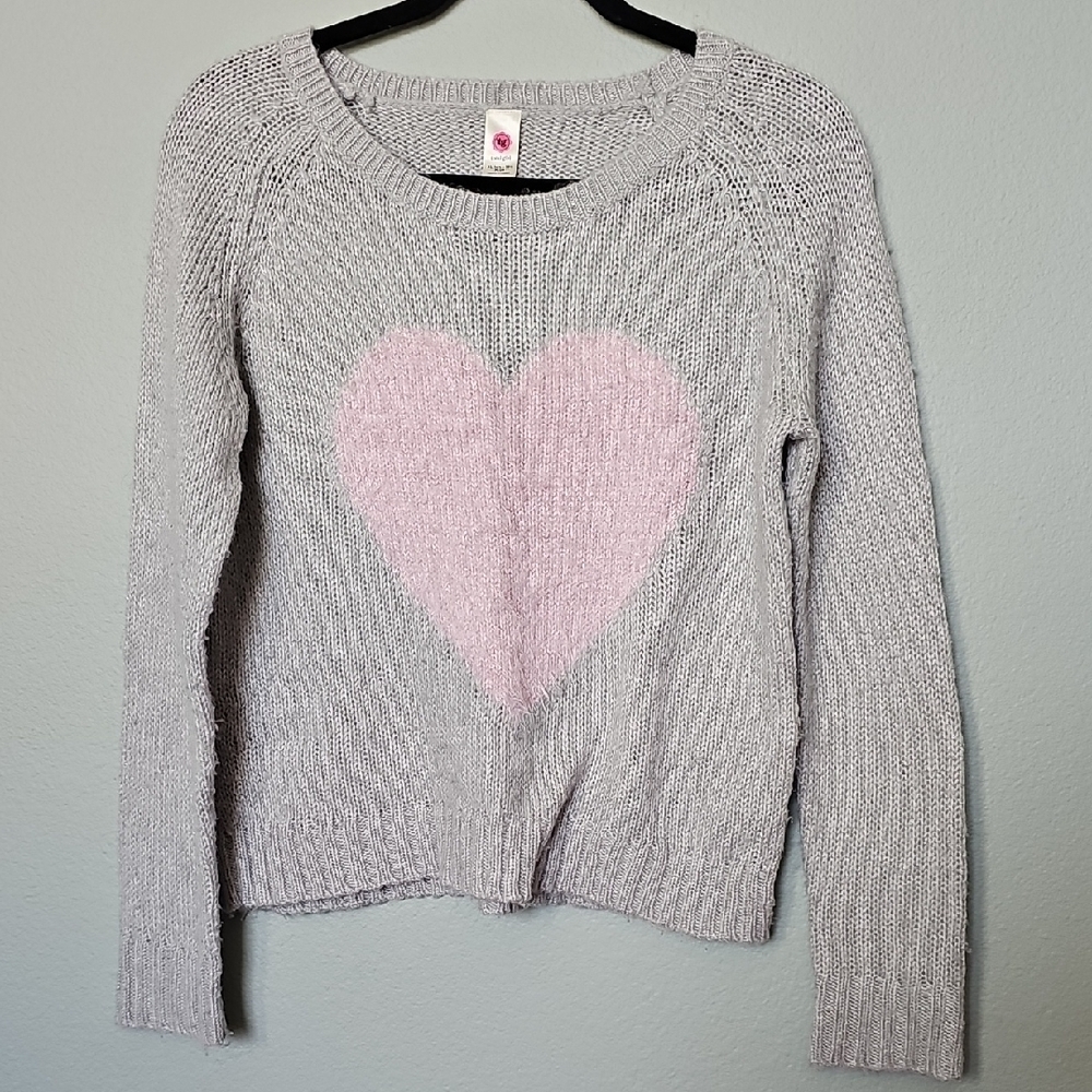 Total Girl Gray and Pink Fuzzy Crew Neck Sweater with Heart Design 14.6 - 16.5